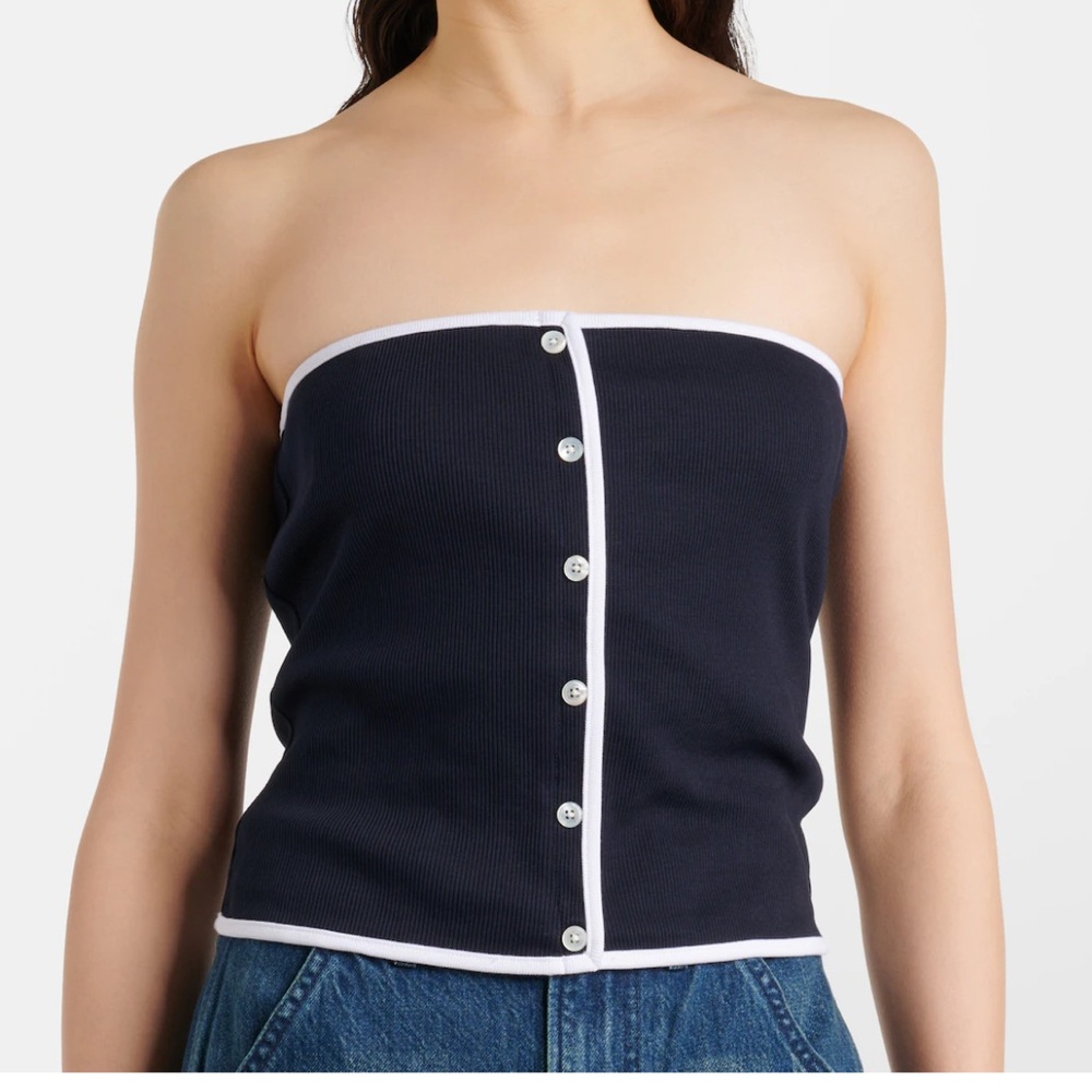 Veronica Beard Valley Cotton Blend Ribbed Tube Top Navy White Trim M|M